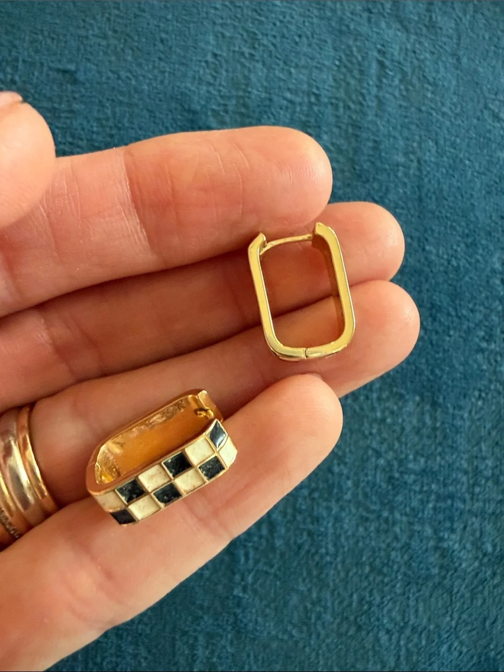 Gold Toned Huggie Earrings with Black and White Checkerboard
